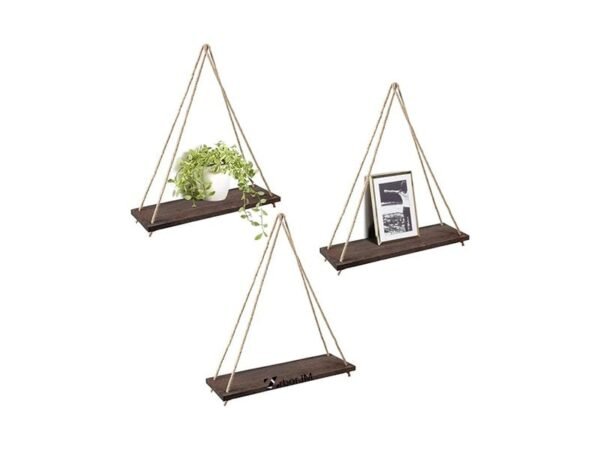 Rope Hanging Wooden Wall Shelves (3 Set, Brown)