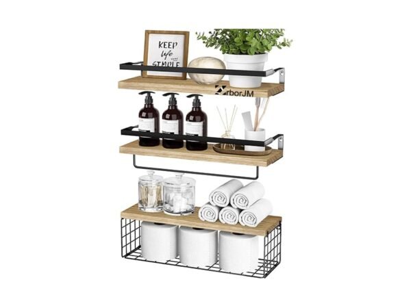 WSJM172I Floating Wooden Wall Shelves With Metal Basket (3 set, Original)